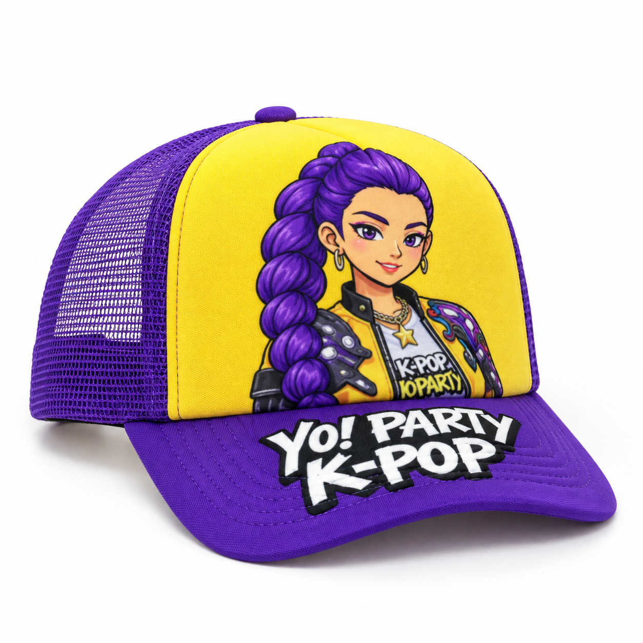 Gorra Trucker K-Pop para Adultos, 1 Pieza Amarilla y Morada con Panel Frontal Ilustrado, Rejilla Trasera y Visera Curva, Accesorio Urbano para Festival, Baile, Fiesta, Cosplay y Uso Diario