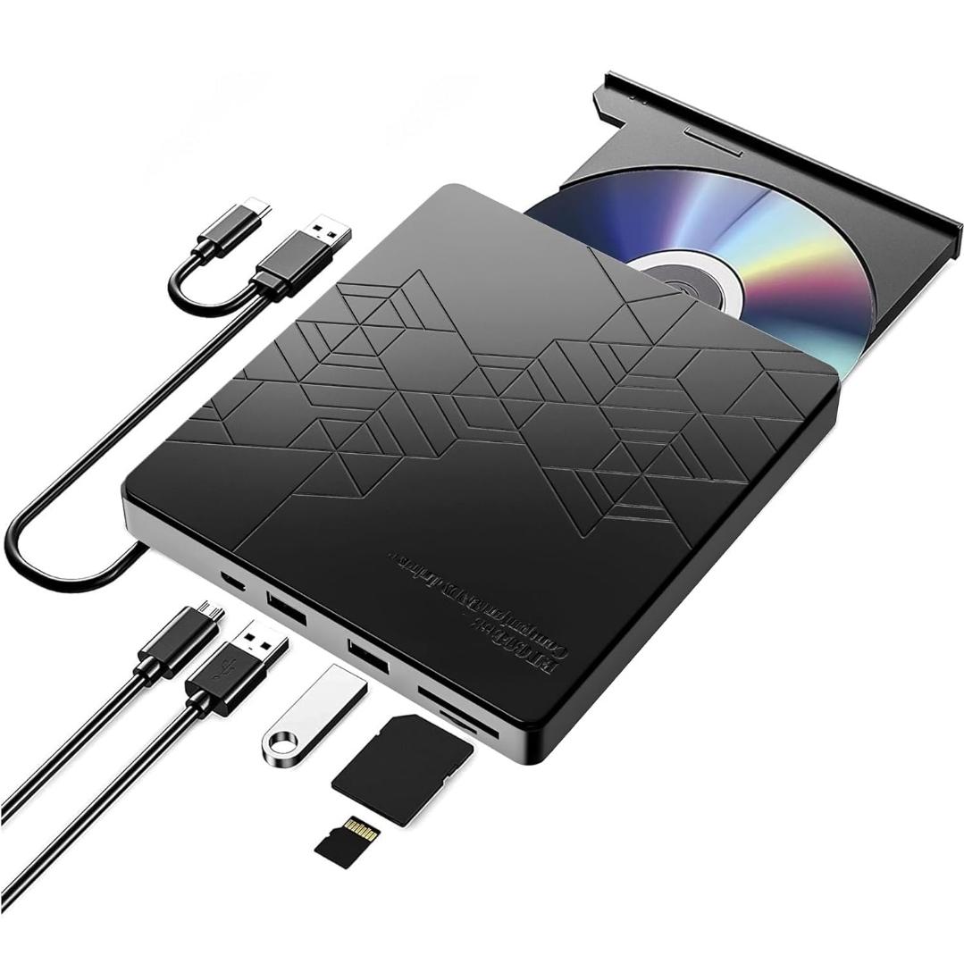 TK Gradadora CD/DVD Externa USB 3.0, Disquetera Externa USB CD/DVD-RW ROM, REPRODUCTOR DE CD con tarjetas SD TF Lector Reproductor DVD Externo para Windows XP / 2003 / Vista /7/8, linux, Mac OS sistema