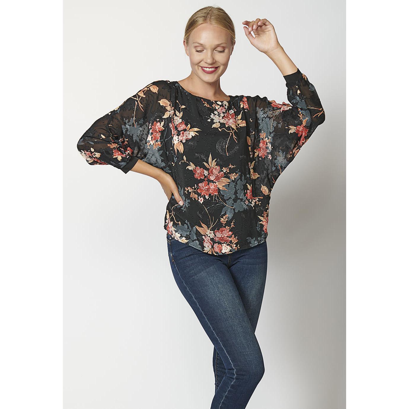 Koroshi - Blusa fluida estampado floral para mujer, 100% poliéster ligero y suave, corte favorecedor negro — ideal para oficina o ocasiones formales