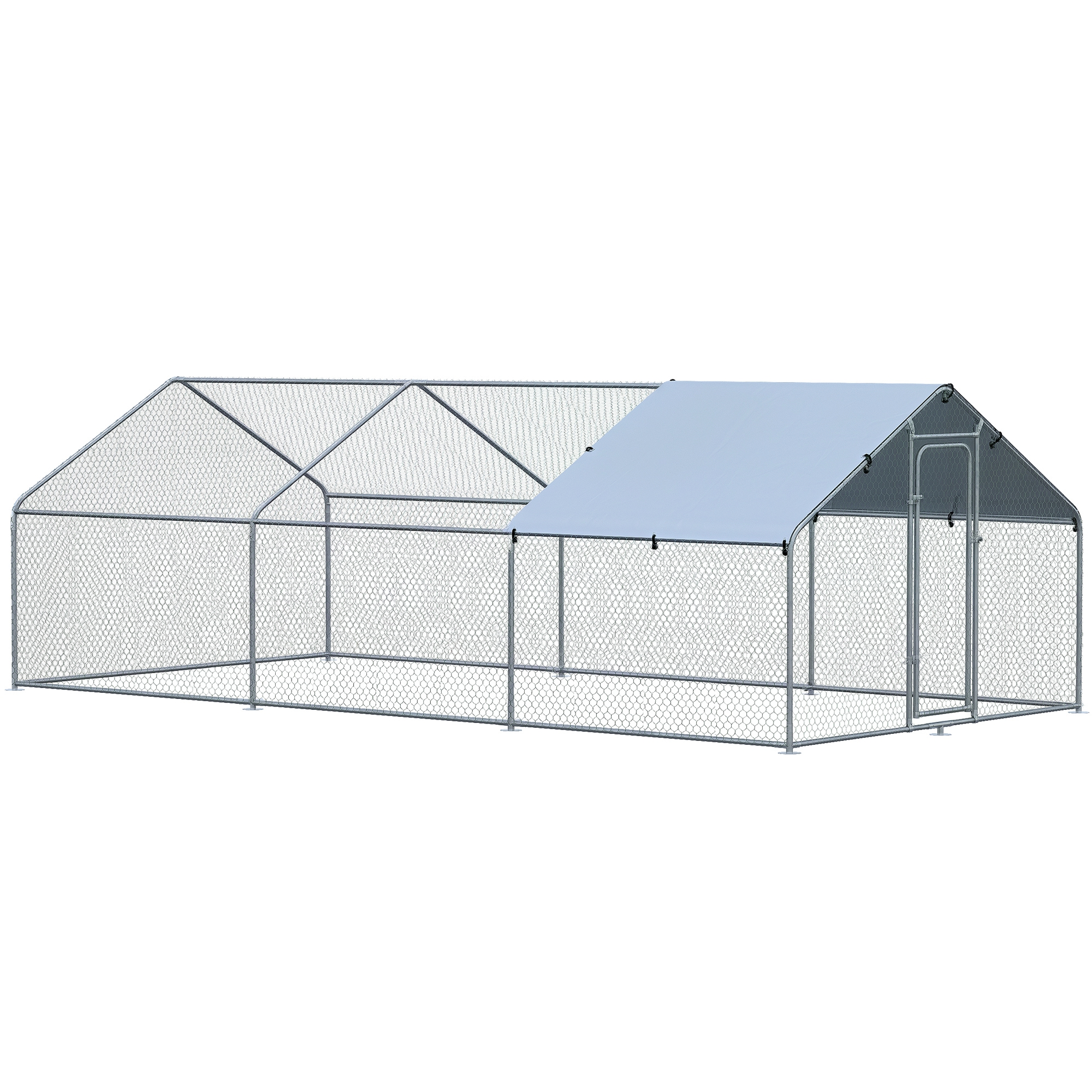 PawHut Gallinero Exterior Grande de Metal Galvanizado 3,03x6x1,95 m Jaula de Gallinas de 3 Habitaciones Cubierta de Tela Oxford Resistente a los Rayos UV y al Agua para Patio Plata