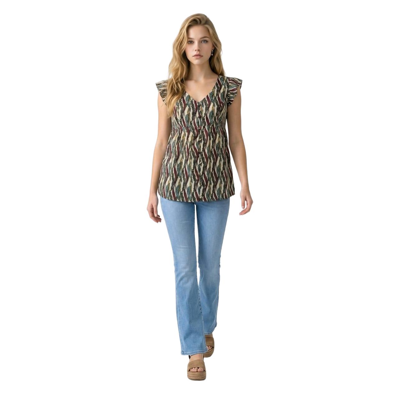 Blusa fluida Marca BanBat estampada de 100% viscosa para mujer con escote en V y volantes, estilo romántico y favorecedor - REF: K290
