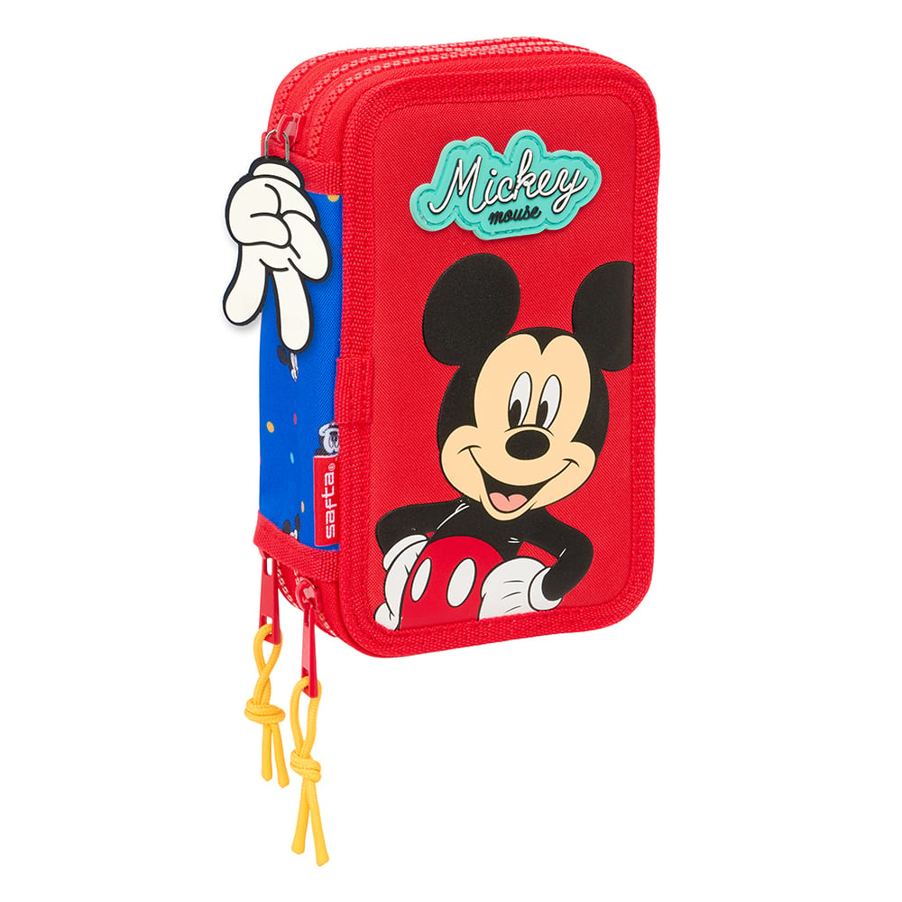 SAFTA | Portatodo Triple Disney Mickey Mouse Portatodo Escolar Infantil con 3 Compartimentos Separados con Cremallera, Bolsillo Interior Central, Organizador Vuelta al Cole, Rojo, Incluye Rotuladores