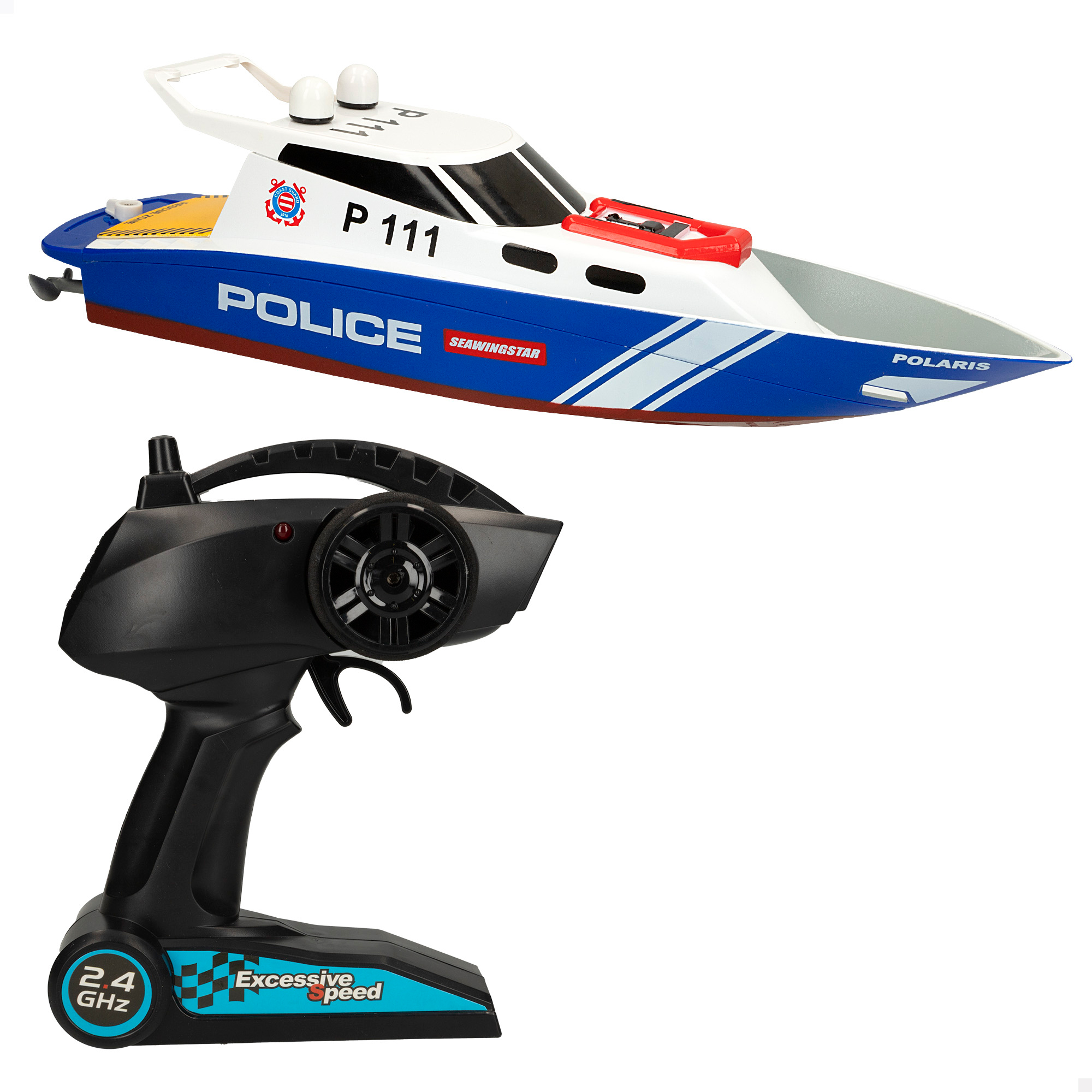 Racing Boat Lancha teledirigida policía, 36x10x10 cm, Frecuencia 2,4 GHz, 35-40 m alcance, 6 direcciones, Juguetes teledirigidos, Lancha rc, Barco radiocontrol, Juguete para niños de 4 años