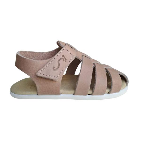 Nens, sandalias barefoot de piel para niños y niñas. De tacto muy suave, fabricadas en España. Muy flexibles y blanditas. Cierre de banda adherente. Destalonadas.