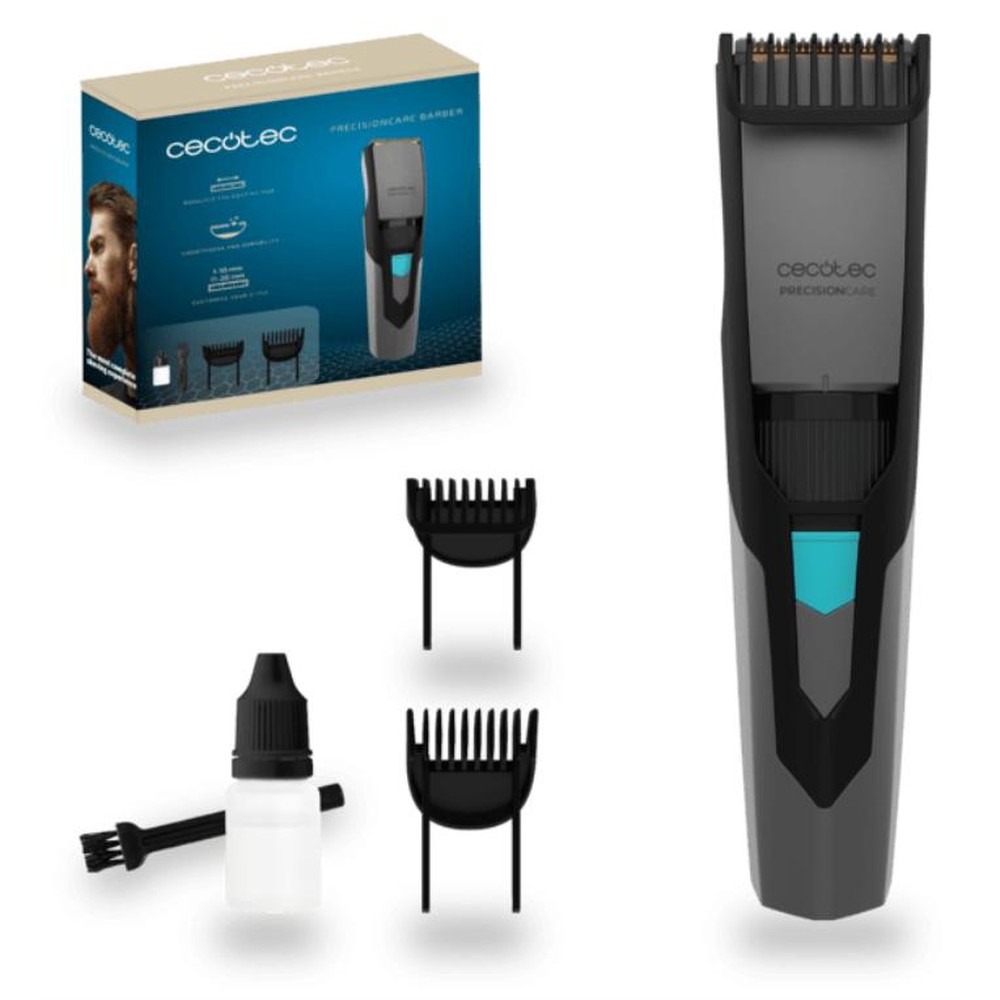 Cecotec - Recortadora barba PrecisionCare Barber Inalambrica con batería de larga duración (60 min) y carga rápida (120 min), ideal para perfilar patillas, bigote y barba, color negro y plata