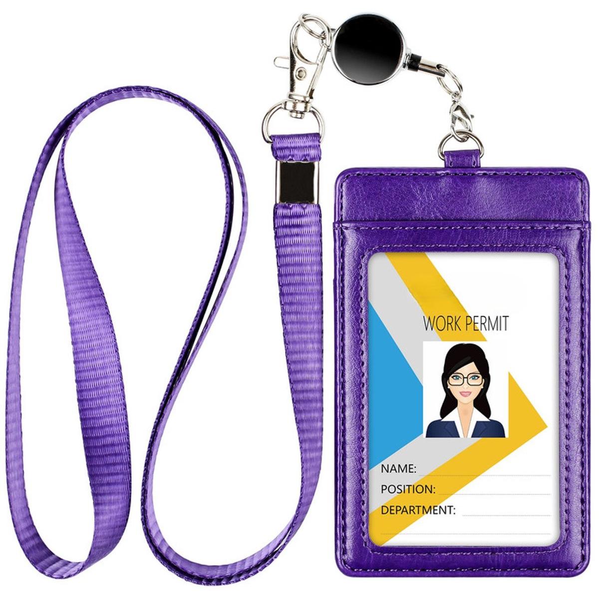 1 stuks badgehouder met intrekbaar koord, PU lederen nekband badgehouder, 2 kaartsleuven voor werk, school,paars
