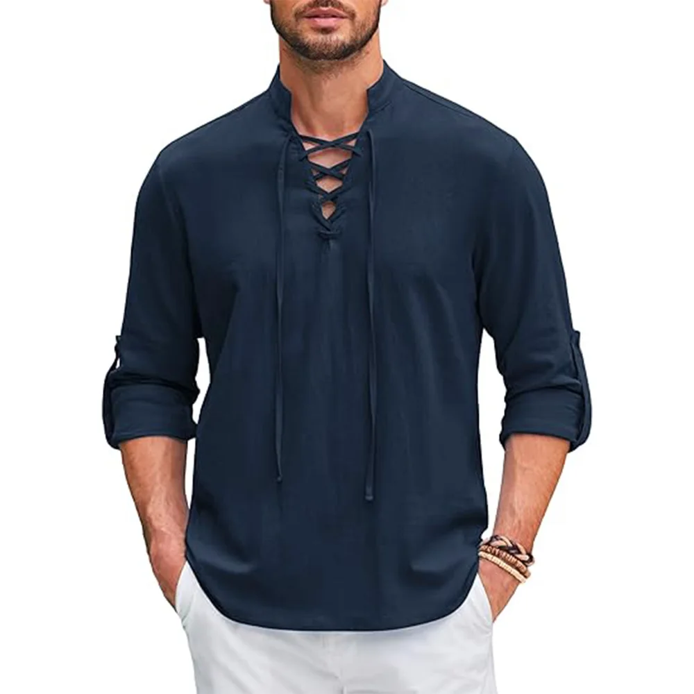 TK Camisa De Renacimiento Para Hombre Pirate Viking Medieval Algodón Lino Camisa De Manga Larga Para Halloween Disfraz Casual Diario