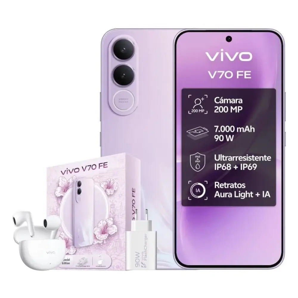 Vivo - Smartphone V70 FE 5G con pantalla AMOLED de 6,83\", 8 GB RAM y 512 GB almacenamiento, batería de 7000 mAh y carga rápida de 90 W