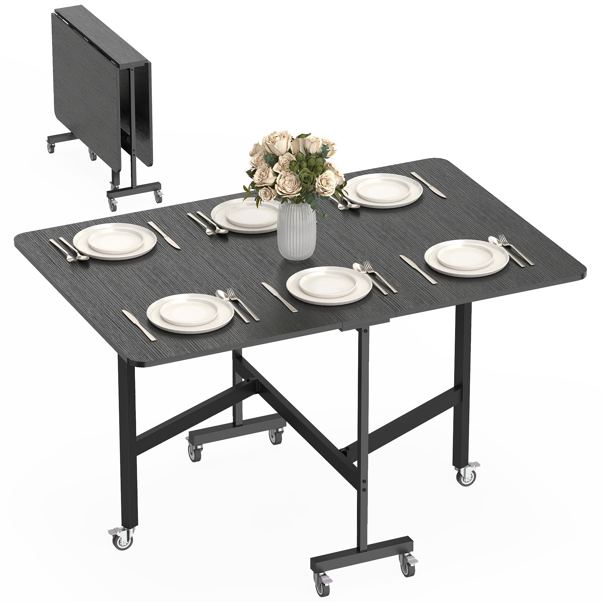 HOMCOM Mesa Plegable de Comedor para 4-6 Personas Mesa de Cocina Plegable con Ruedas y Alas Abatibles para Cocina Salón 120x80x73 cm Negro