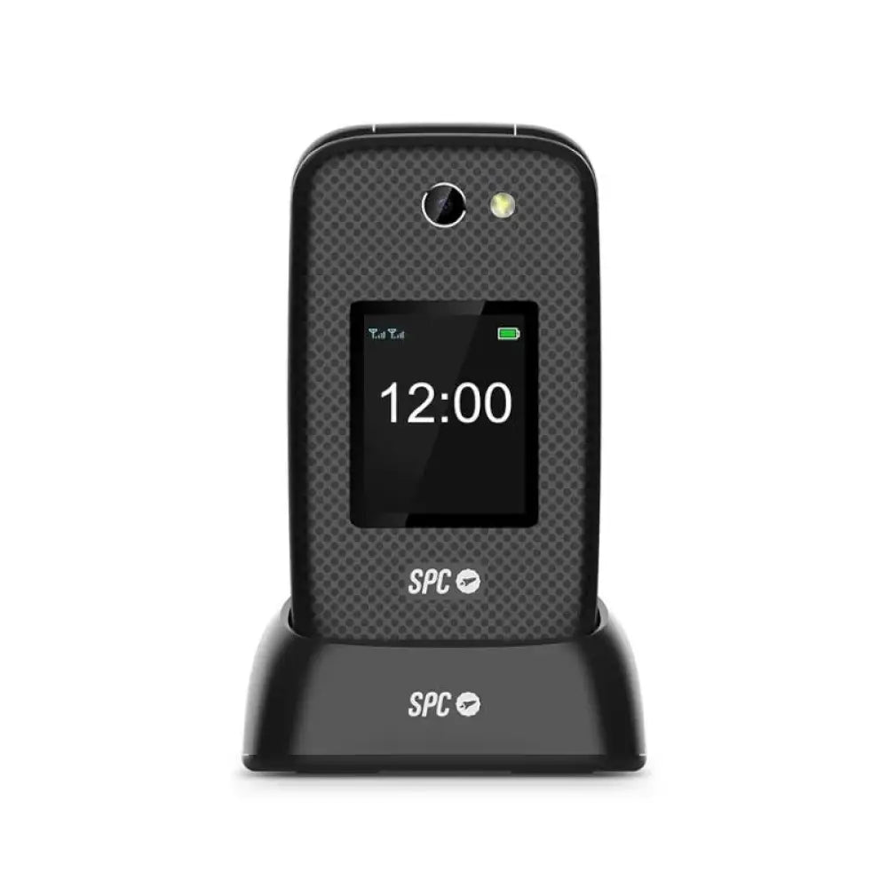 Basic mobile spc harmony 2 4g mobile phone with flip cover, 2.8" dual sim, sos button, ip44 resistant, 104db speaker, charging base, black
