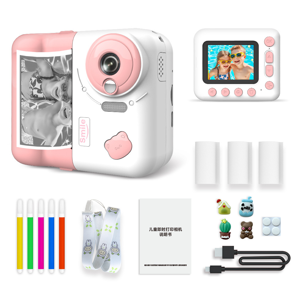 TK Cámara de impresión instantánea para niños 1080P Pantalla IPS de 2,4 pulgadas Zoom 10X with papel de impresión Térmica Bolígrafo de color Correa Para El Cuerpo Tarjeta TF de 32 GB Niños