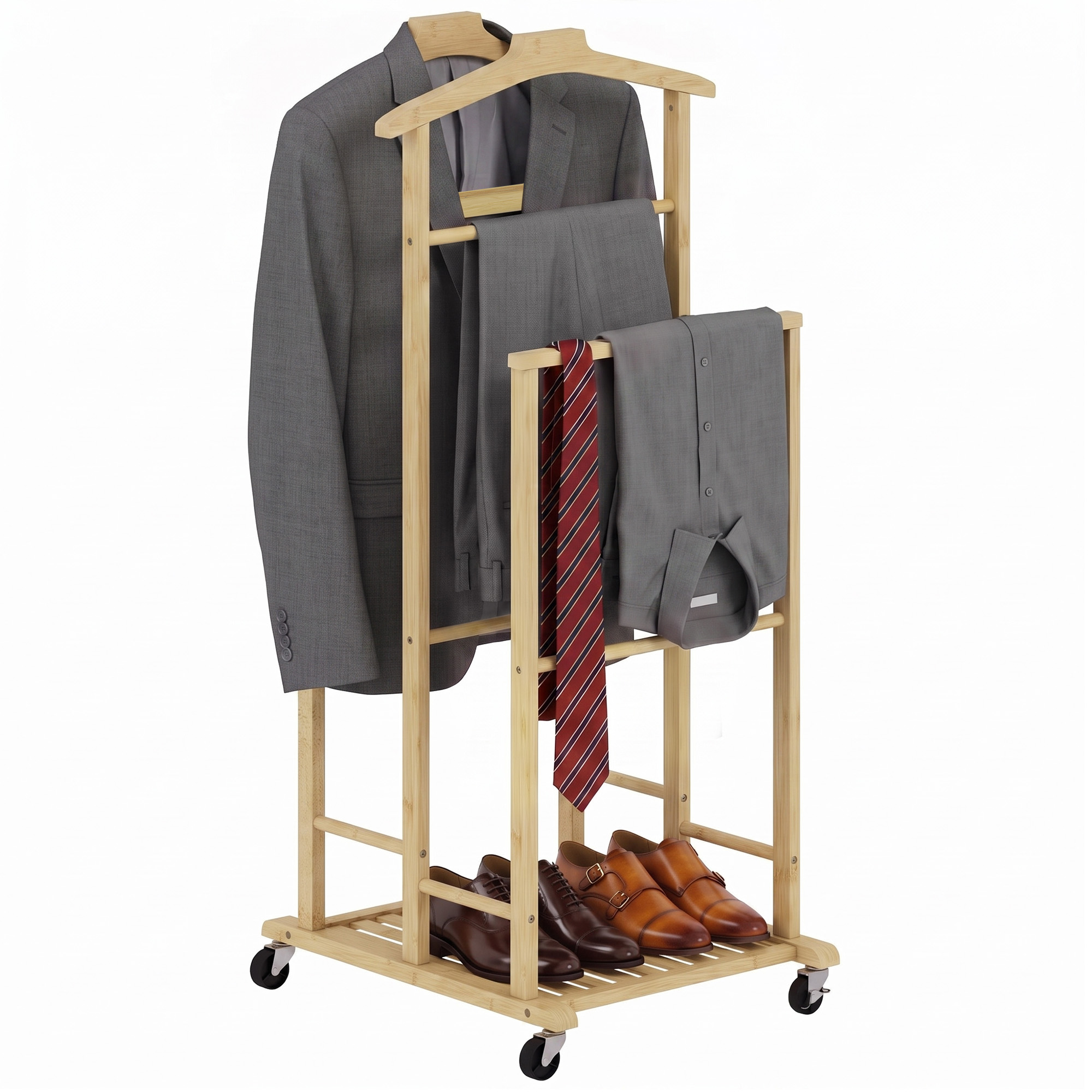 HOMCOM Galán de Noche de Bambú, Perchero Burro con Ruedas, Barras para Ropa, Soporte para Pantalones, Bandeja y Estante Inferior, Perchero para Dormitorio, 41x50x105 cm, Natural