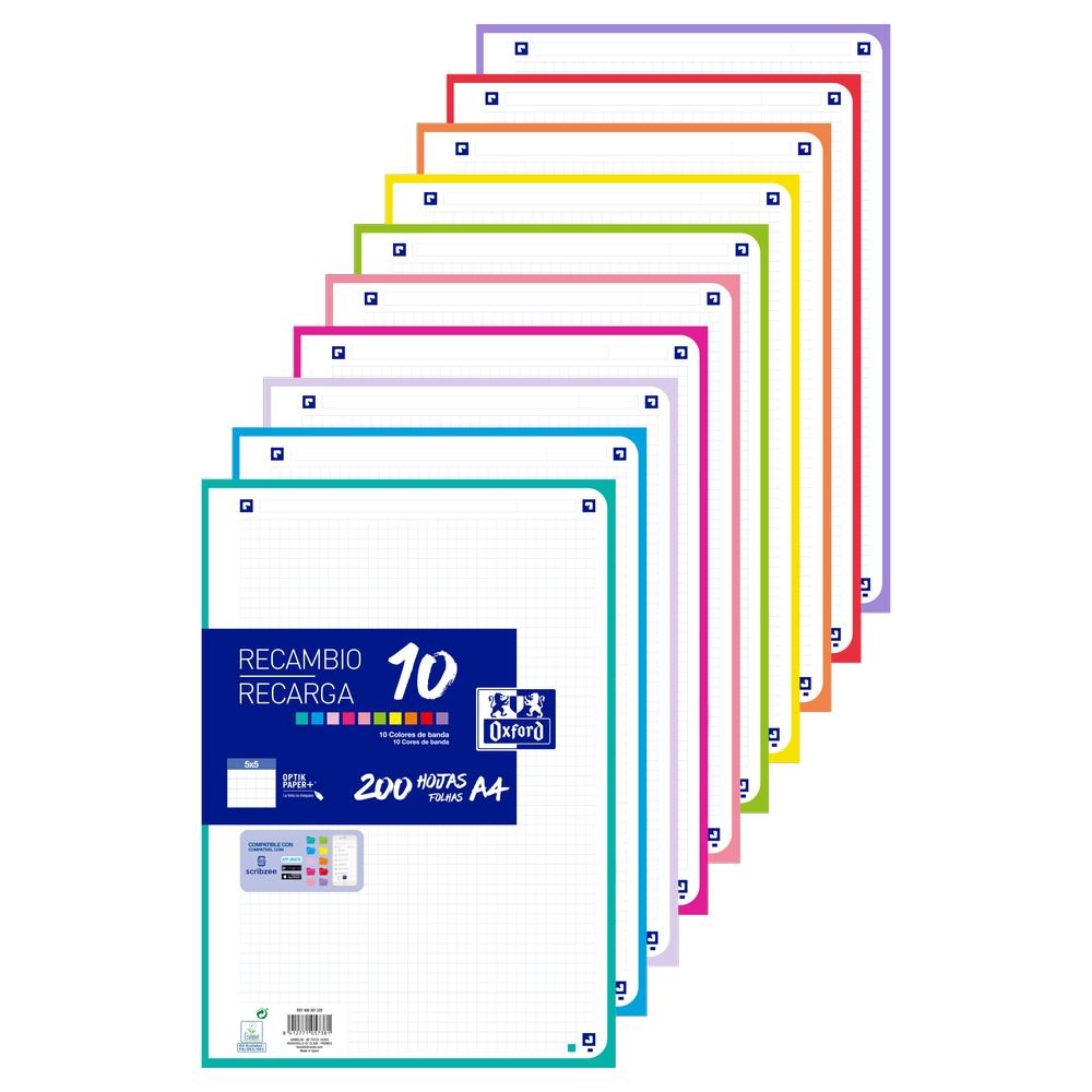 OXFORD RECAMBIO 10 COLORES BANDA A4 200H CUADRO 5MM 90GR SURTIDOS RECAMBIOS