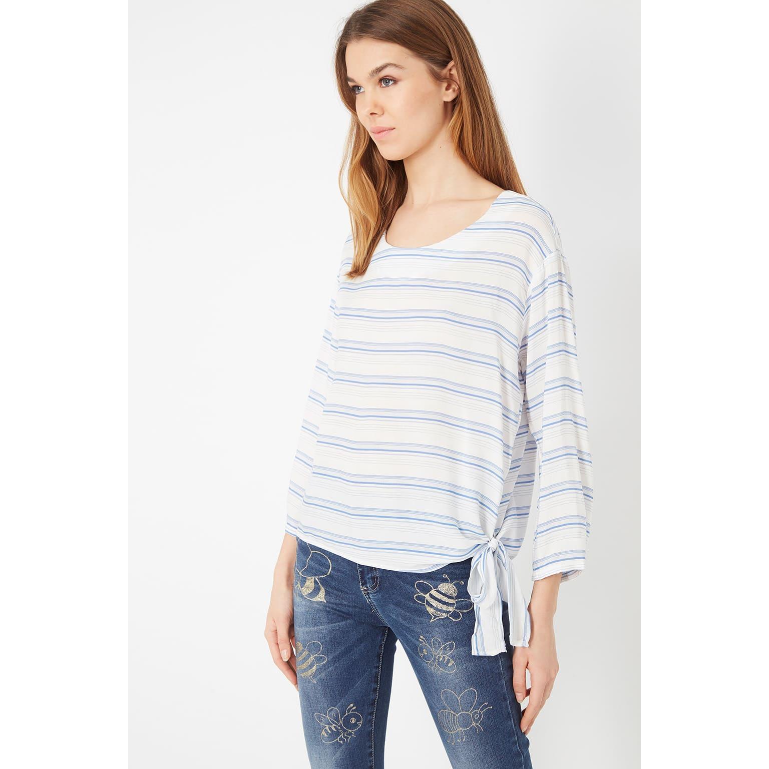 Blusa mujer, shirt, top rayas azul, manga larga, diseño lazo lateral anudado, cuello redondo, botón trasero, suelta, cómoda, versátil, fresca, talla 38, ideal diario oficina primavera verano ✅Entrega 24/48h