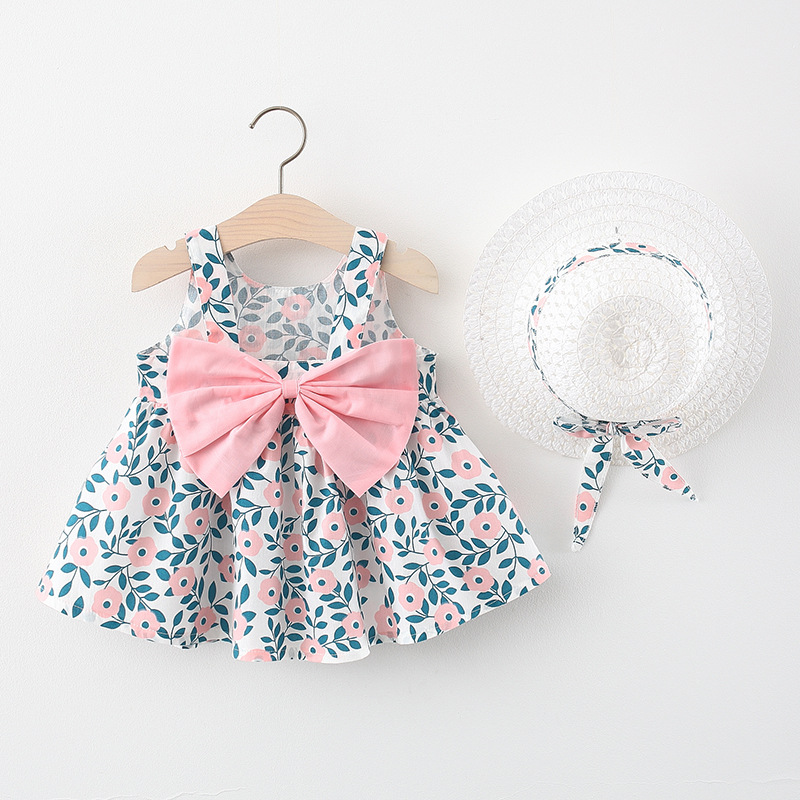 CA Ropa De Bebé Para Verano Vestido De Playa De Algodón Con Suspensión Para Niña + Sombrero De Sol Vestido De Princesa 2 Piezas