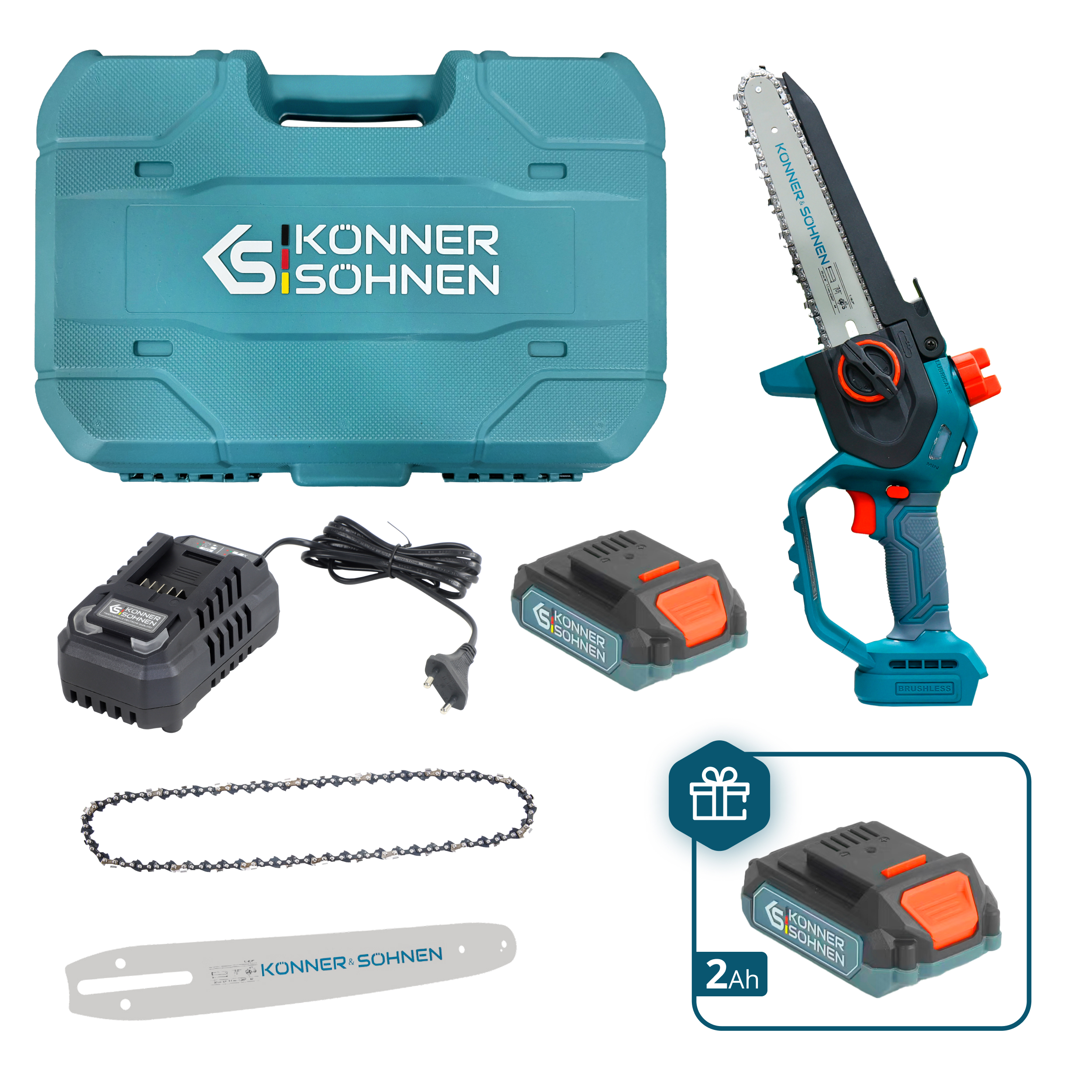 Mini motosierra con batería KS MCS20V-8 CASE PLUS Könner & Söhnen con barra de 8″ (20 cm) y velocidad de cadena de 8 m/s, con cargador para batería de 20V, además de 2 barras y 2 cadenas de 8″
