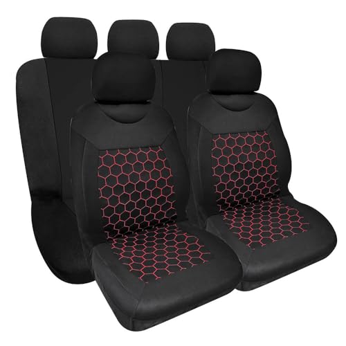 Krawehl - Fundas Asientos Coche - Diseño Acolchado 3 mm - Poliéster - 9 Piezas - Universal - Protege los Asientos de Daños y Suciedad - Fácil de Limpiar e Instalar - Modelo Barbados - Negro y Rojo
