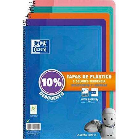 Oxford classic pack de 5 cuadernos espiral formato folio cuadriculado 4x4mm - 80 hojas - tapa de plastico - colores tendencia surtidos