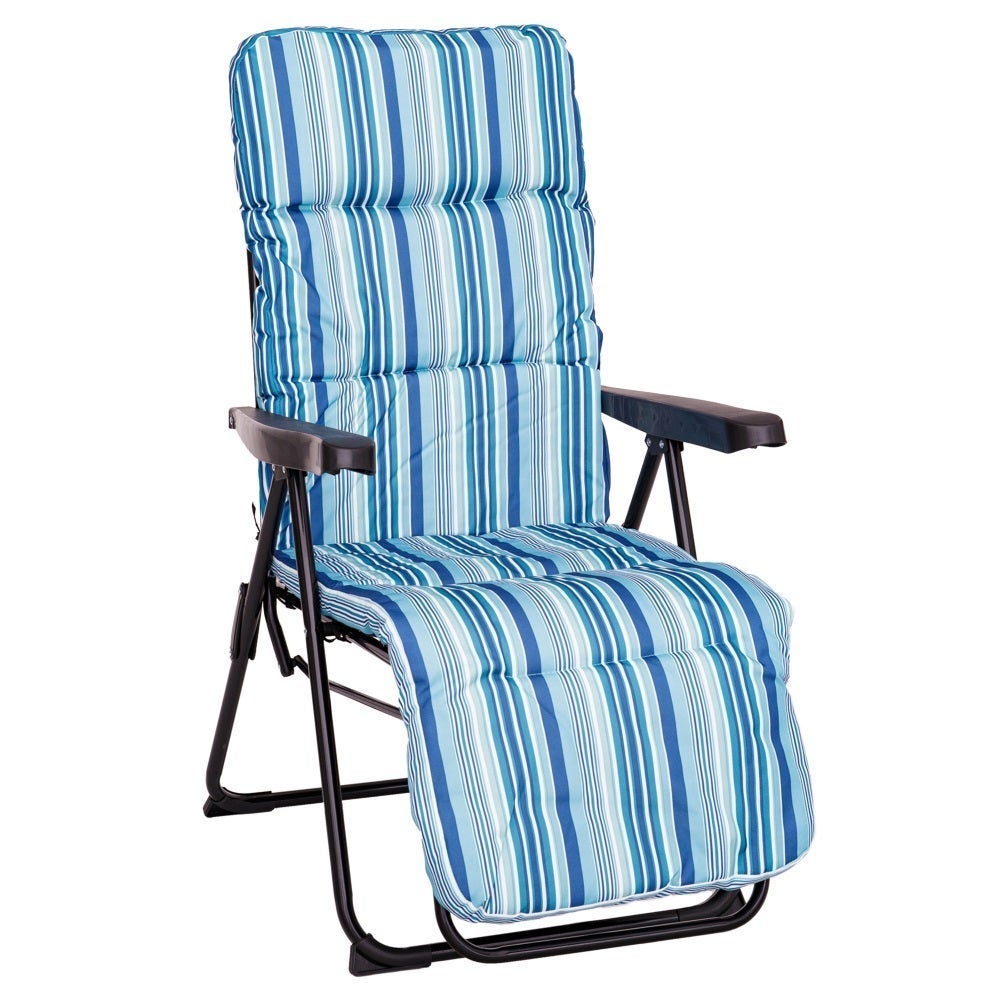 Sillón de Jardín Acolchado, Reclinable con Reposapiés, Azul Reclina 4 posiciones. Estructura de acero anticorrosión y tela de lona. Colchón de 5 cm de grosor, plegable. 61x58x106 cm MONTY