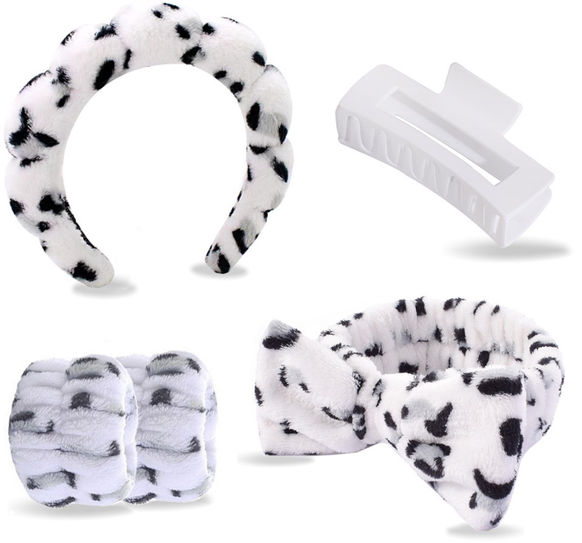 5-delige dameshoofdbandset, bestaande uit een hoofdband met gezichtsreinigingssponsje en wolkjespatroon, en een handdoekpolsband, geschikt voor make-up en huidverzorging, Wit-2.