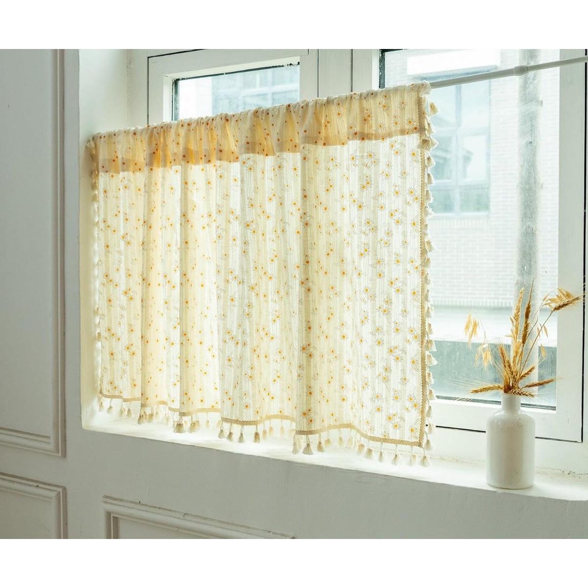 Cortina corta - 140 x 100 cm - Cortinas con cenefa, estampado floral y borlas - Cortina de algodón estilo rústico para cocina y armarios - Cortinas pequeñas para ventanas de dormitorio, sótano y caravana - 1 pieza