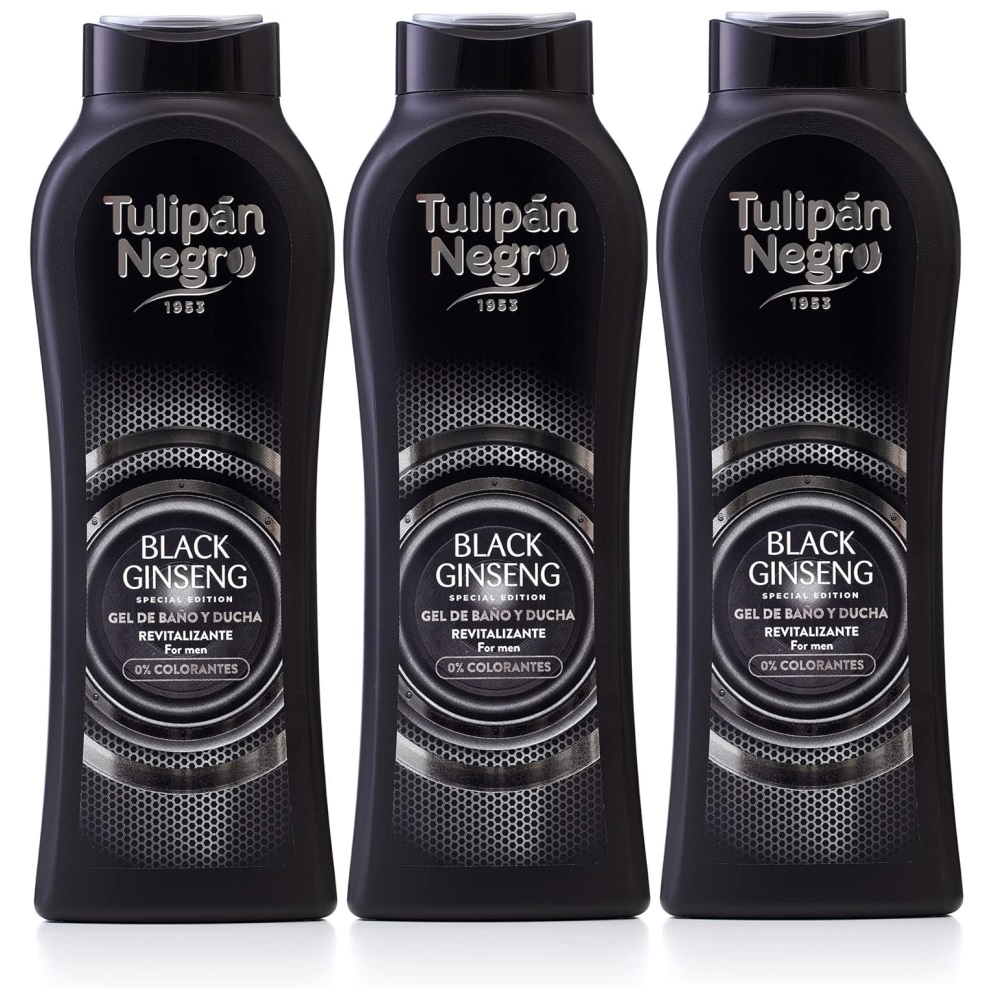 TULIPAN NEGRO, Gel de Baño y Ducha Black Ginseng For Men 650ml (Pack de 3x650ml), Tulipán Negro Edición Especial Para Hombres, Revitalizante, Máxima Hidratación y Suavidad, Novedoso y Lujoso Perfume.