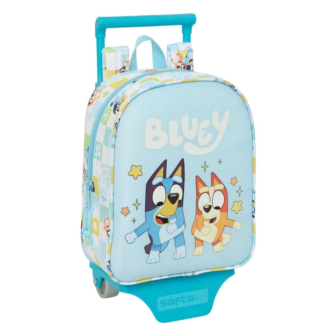 SAFTA | Mochilas Escolares con Carro Extraíble Bluey Sistema de Sujeción SAFTA 22 x 27 x 10 Cm (5,9 Litros), Asa de Mano Superior y Tarjeta de Identificación, Carro Resistente de Polipropileno y PVC, Vuelta al Cole, Alto, Abierta