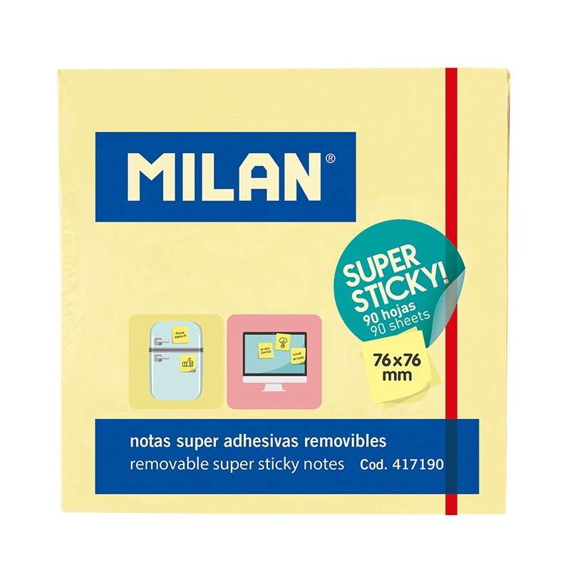 Milan bloc de 90 notas super adhesivas - removibles - mayor permanencia - 76mm x 76mm - color amarillo claro