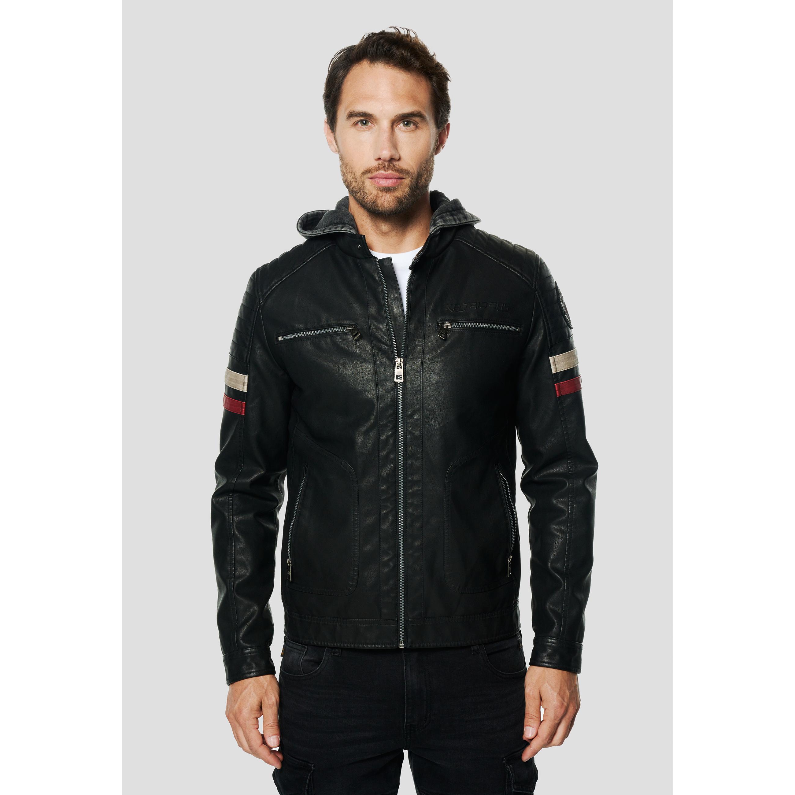 Koroshi - Chaqueta biker hombre efecto piel 100% poliéster con capucha extraíble, cortavientos y resistente al agua – Negro o Vino