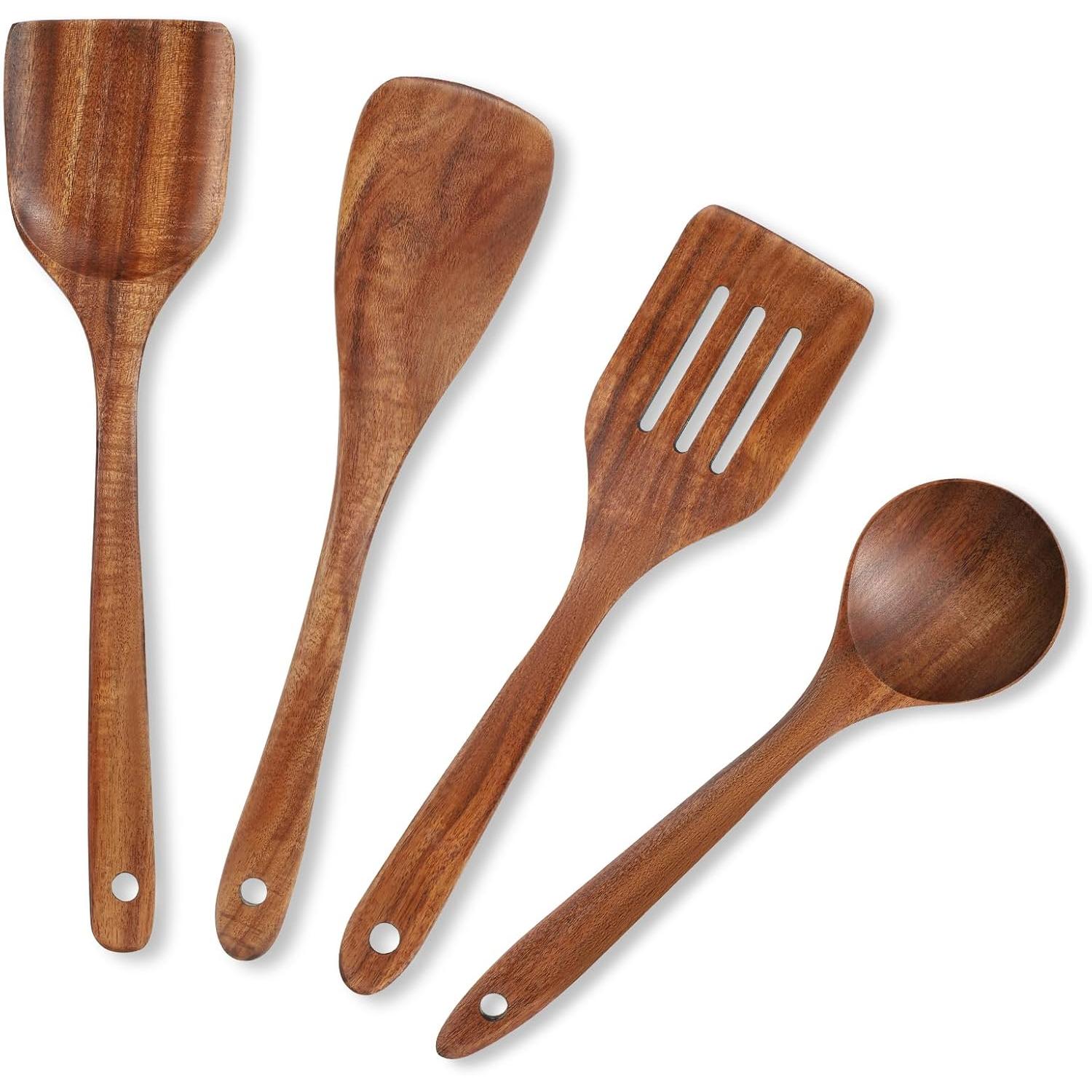 Juego de 4 espátulas de madera, espátula de madera de teca para cocinar, utensilios de cocina de madera de mango largo para utensilios de cocina antiadherentes, sartén de hierro fundido