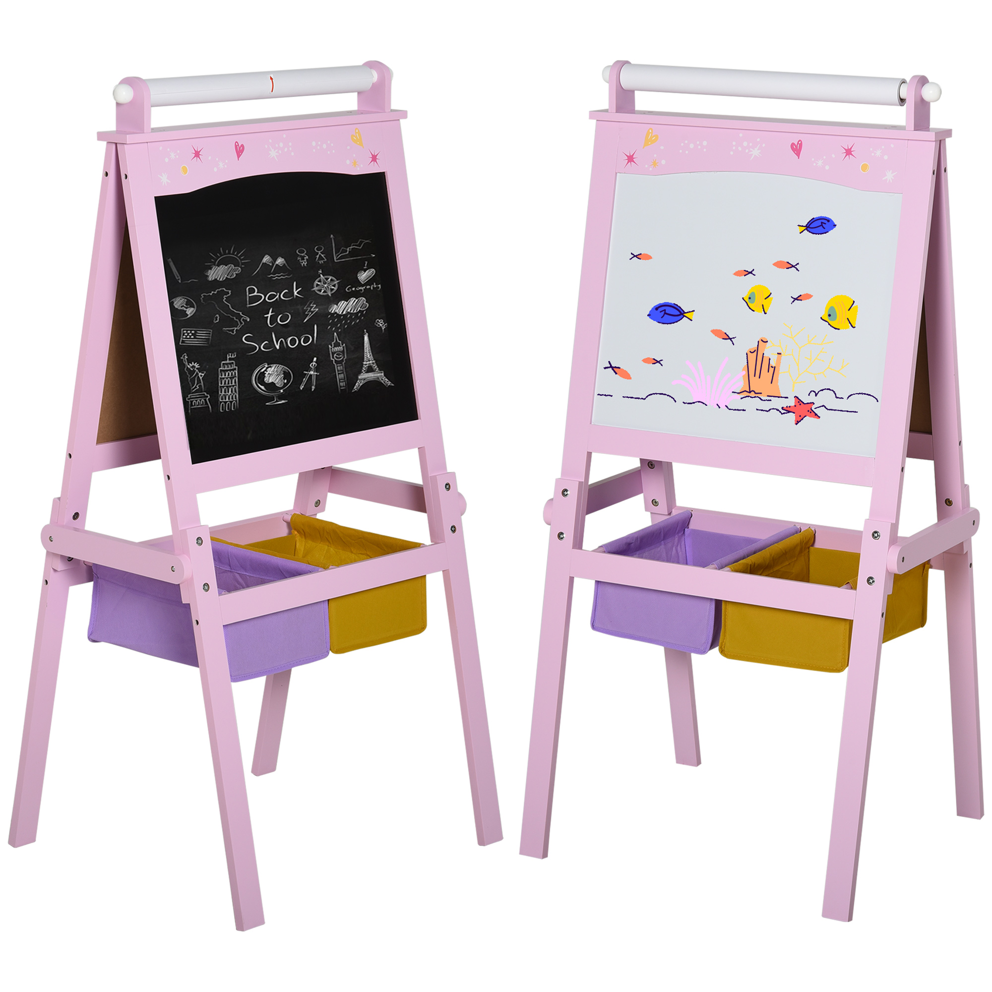 HOMCOM Pizarra Infantil Caballete 3 en 1 Pizarra de Doble Cara Caballete para Niños de +3 Años con Rollo de Papel y 2 Cestas de Almacenamiento 58,5x50,5x118 cm Rosa