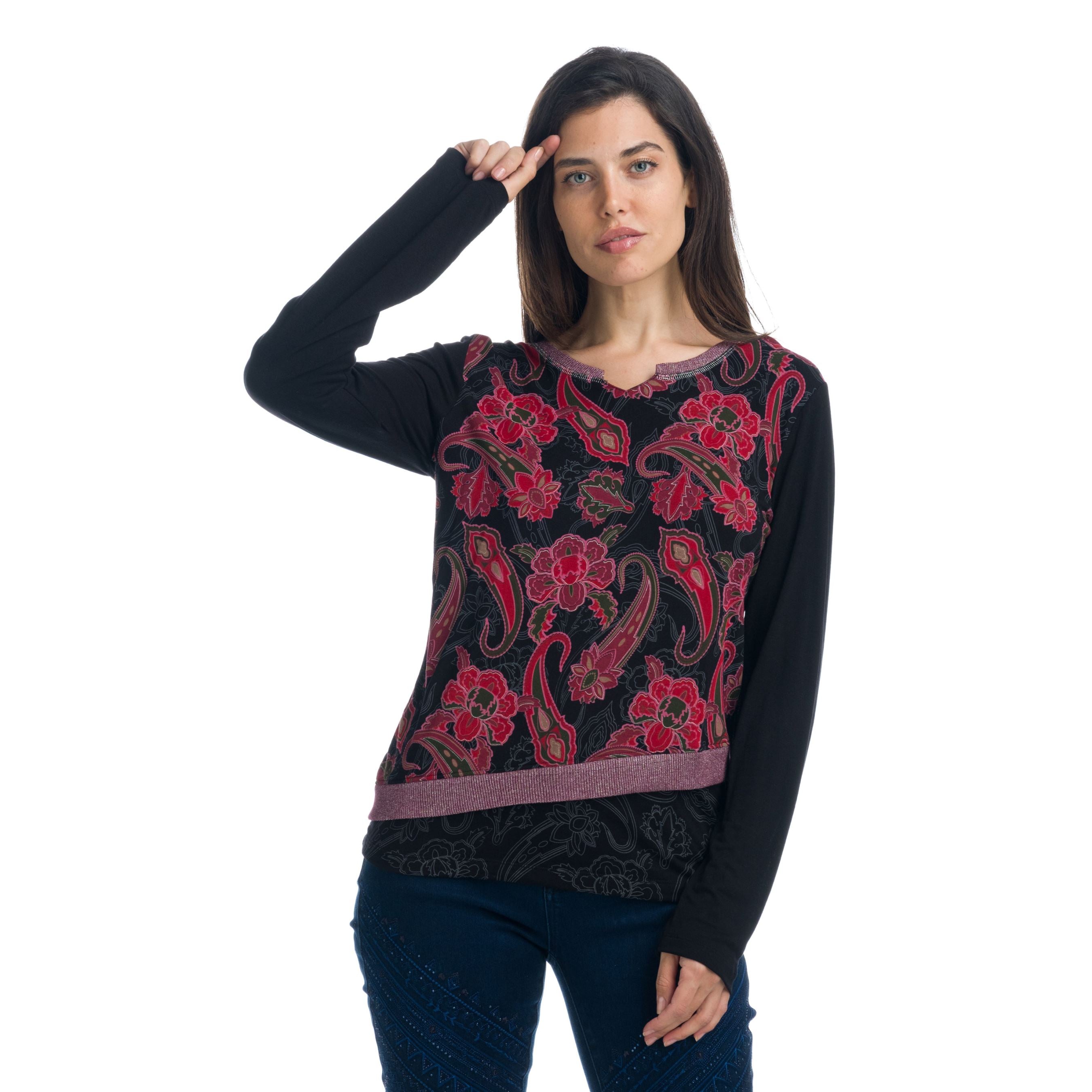 Koroshi - Camiseta manga larga mujer estampado paisley floral con escote corazón y faldón en viscosa 100 % para look diario elegante