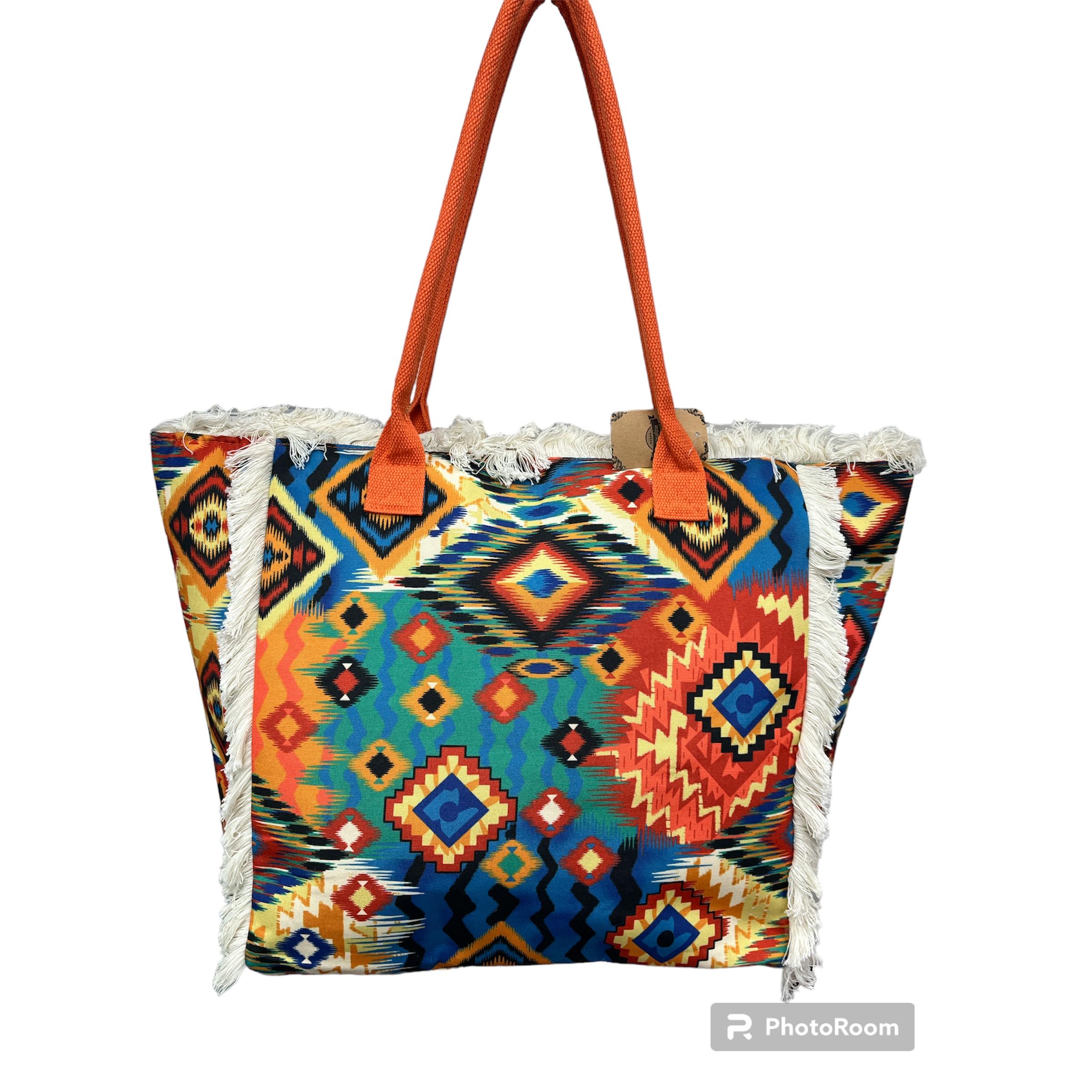 MEJORADA Bolso de playa o piscina grande con estampados del estilo original con fleco de borla blanco de algodon,tamaño 55*37*19CM.contiene bolsillos interior y forros.tejido 100% poliéster