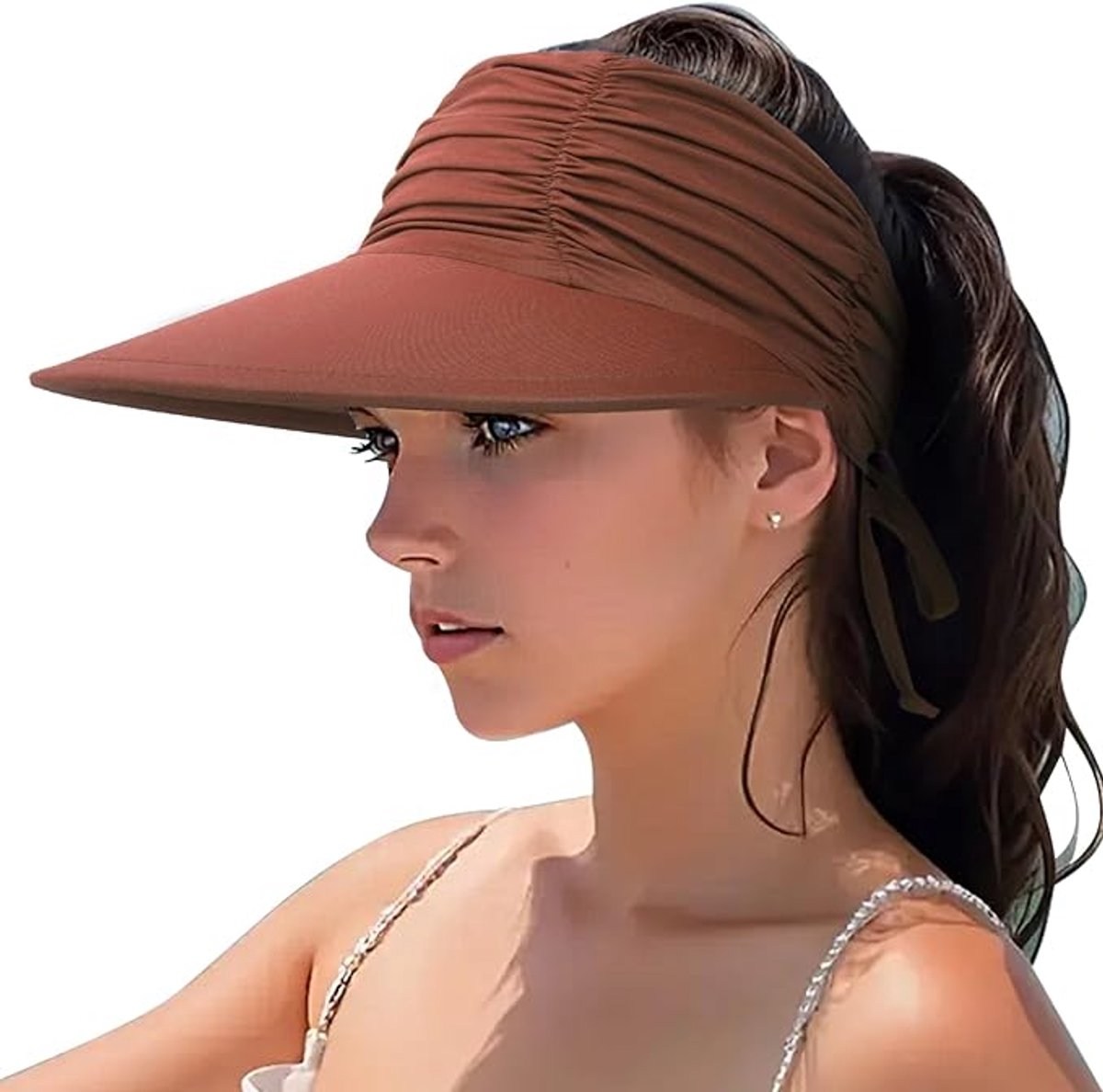 Sombrero de sol para mujer - Sombrero - Sombrero de sol - Visera para mujer - Sombrero de ala ancha - Sombrero de playa ajustable y plegable con coleta - Gorra de verano con protección UV para exteriores - UPF 50+