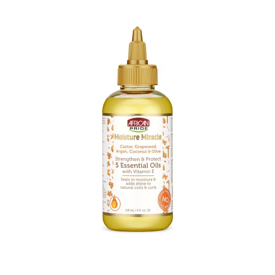 African Pride Moisture Miracle 5 Essential Oils 4 oz | Aceite Capilar African Pride 5 Aceites Esenciales | Hair Oil para Cuidado y Protección del Cabello | African Pride Moisture Miracle