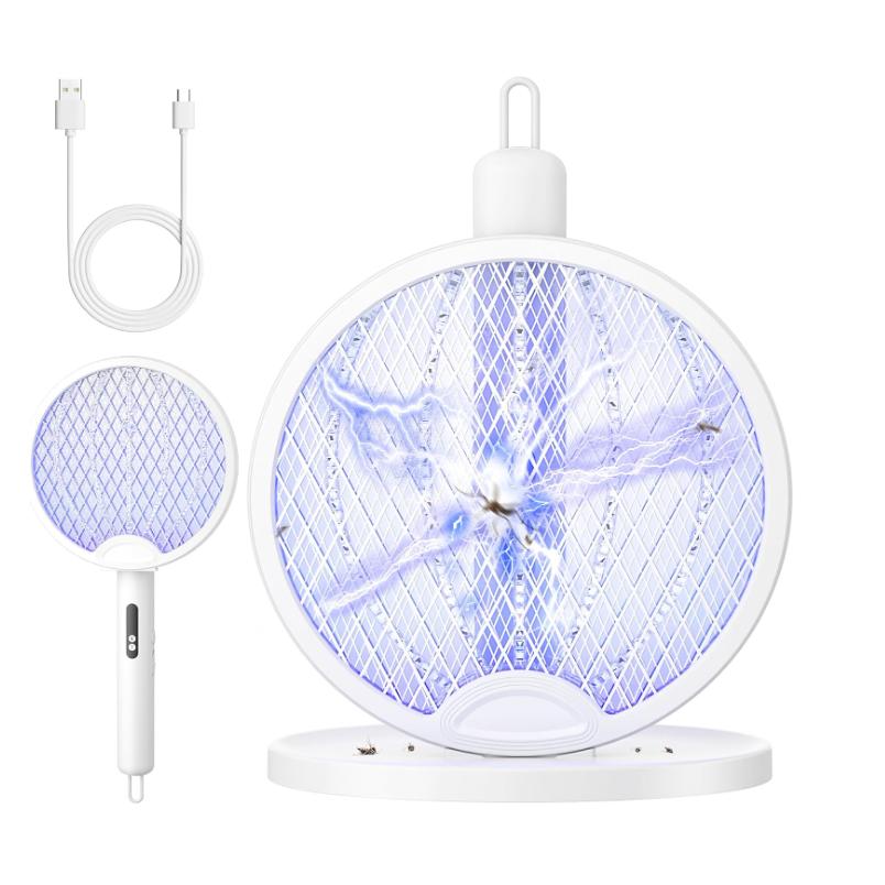 IPSDI Raqueta Mosquitos Electrica Mata Mosquitos Electrico Plegable 3 en 1 3000V 1500mAh con Base Recargable USB-C Matamoscas Electrico de Luz UV para Mata Mosquitos, Polillas y Hormigas Voladoras