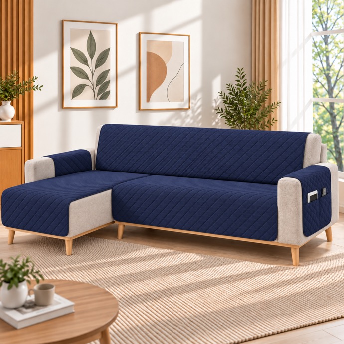 Kynley Protector de Sofá Chaise Longue Acolchado, Funda Cubre Sofá Antideslizante Lavable con Bolsillo, Protector para Mascotas, Chaise Izquierda/Derecha, 2M/2,4M/2,8M