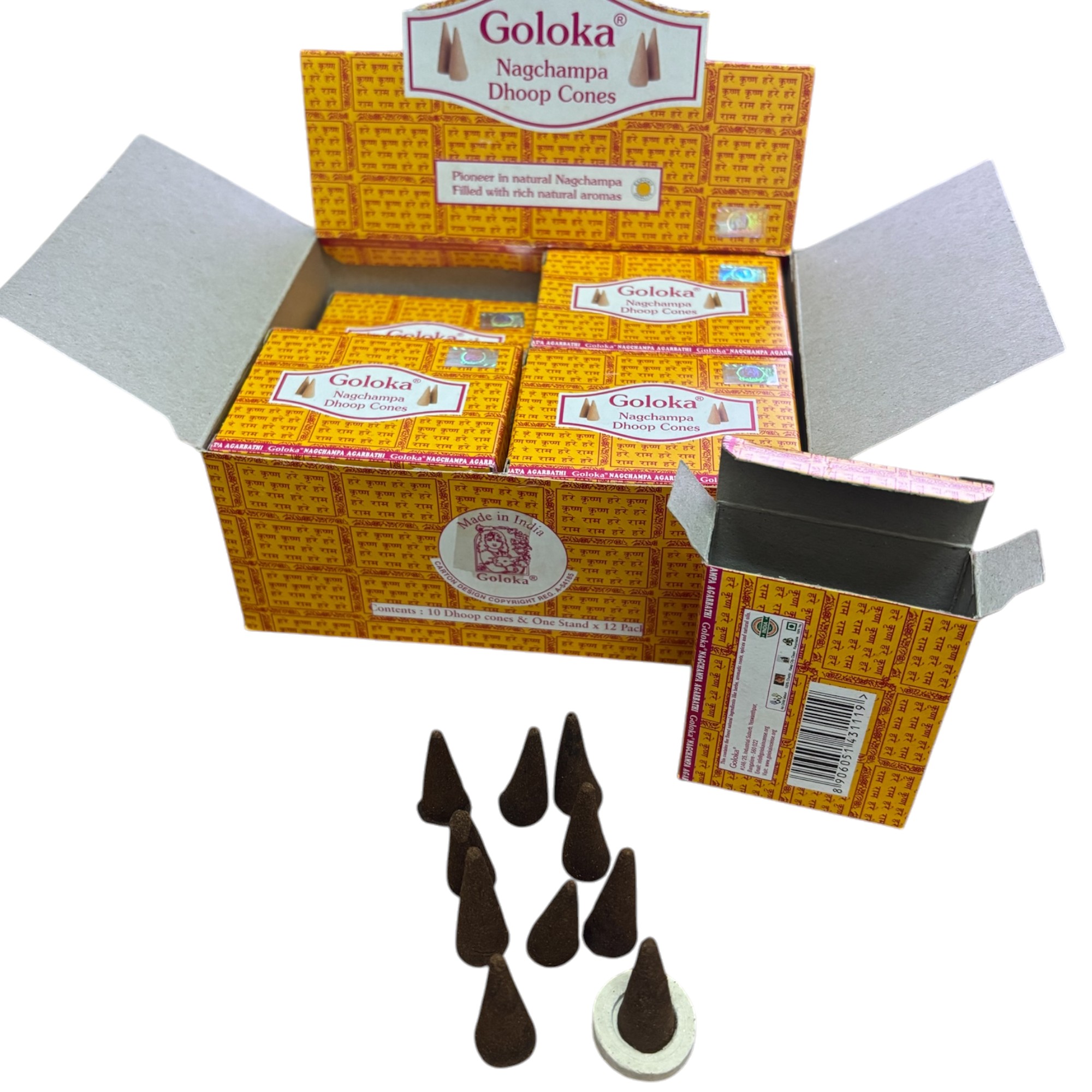 Goloka Nag Champa Conos de Incienso Masala Natural – Hechos a Mano en India – Aroma Suave para Interiores y Exteriores