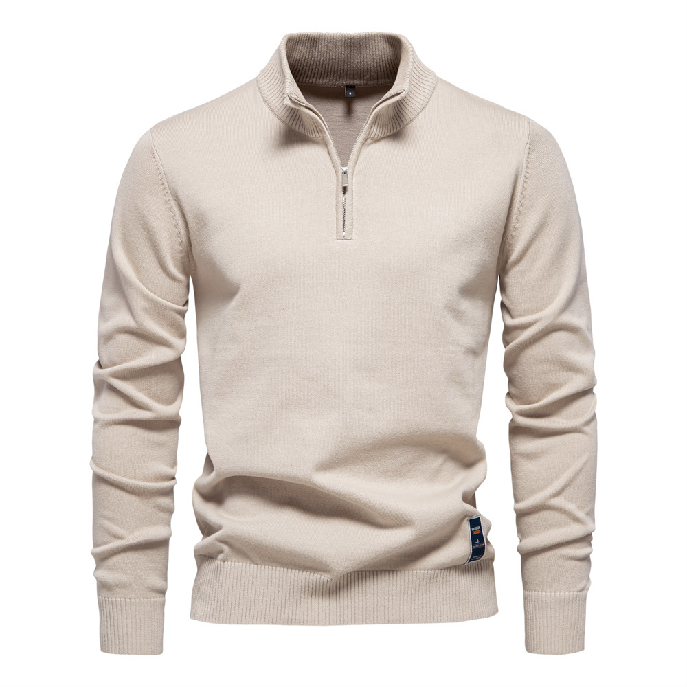 TK Suéter de punto de algodón puro de color liso para hombre, cuello alto, media cremallera, corte ajustado.
