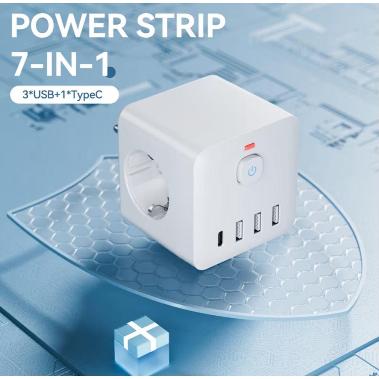 ORION91® - Ladrón de enchufes 7 en 1 con protección contra sobretensiones, 3 tomas, 3 puertos USB y 1 USB tipo C de carga rápida - spaziOrion91
