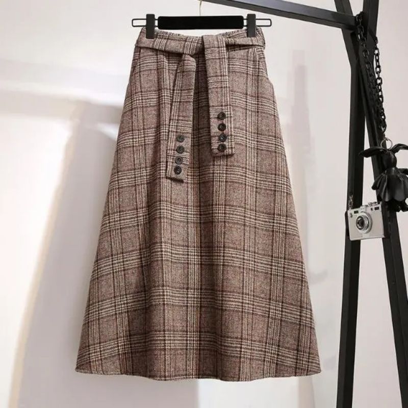 TK Falda A-Line Vintage De Cintura Alta En Khaki Con Patoleta Cierre Con Botones Y Rayas Para Mujer Talla Grande Longitud Media Pierna Moda 2024