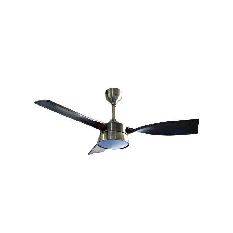 NARVI Ventilador de techo Cuero/Dorado, 3 Palas color Madera Roble, Motor DC, LED, Regulable y Memoria, con Mando. REF. 907
