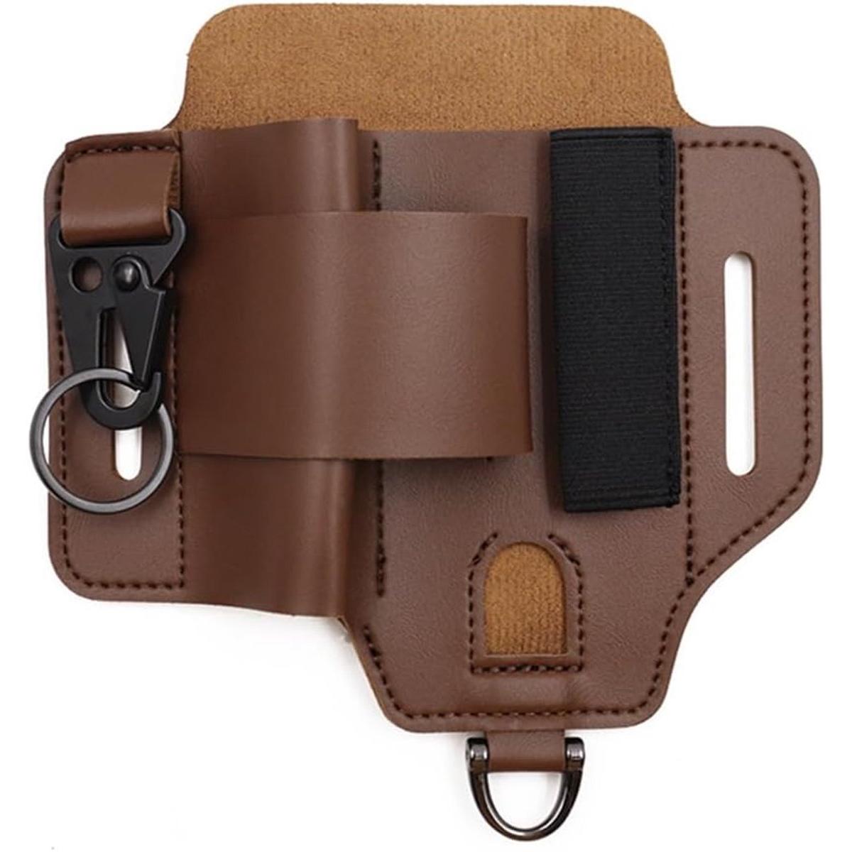 Bolsa de herramientas - 16,2 × 17 cm - Bolsa de herramientas de piel sintética - Con trabilla para cinturón - Ideal para el trabajo, uso diario, acampada y senderismo - Multifuncional - Marrón