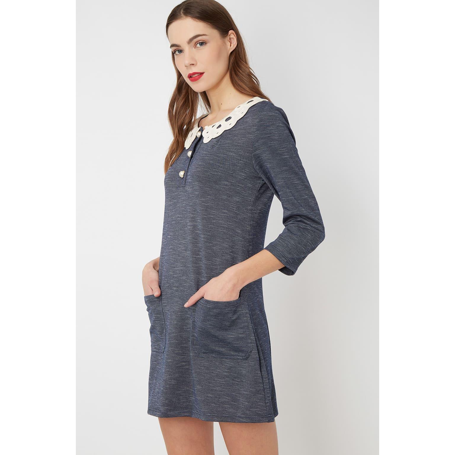 Vestido mujer casual dress outfit jaspeado cuello crochet escote bebé botones decorativos manga 3/4 bolsillos frontales mezcla viscosa azul talla 38 cómodo versátil elegante ✅Entrega 24/48h
