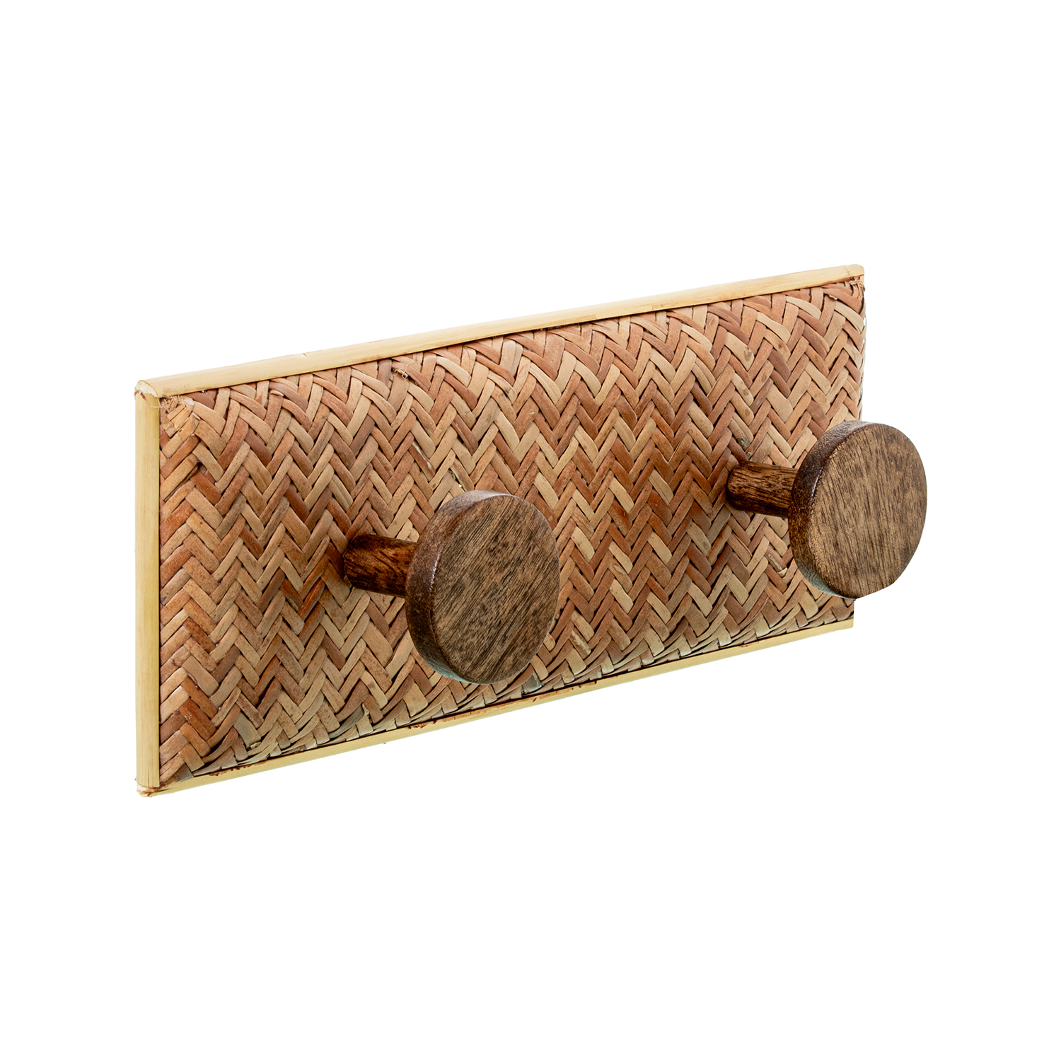 Perchero pared madera dm y mimbre con 2 ganchos madera mango 28, 5x7x11cm