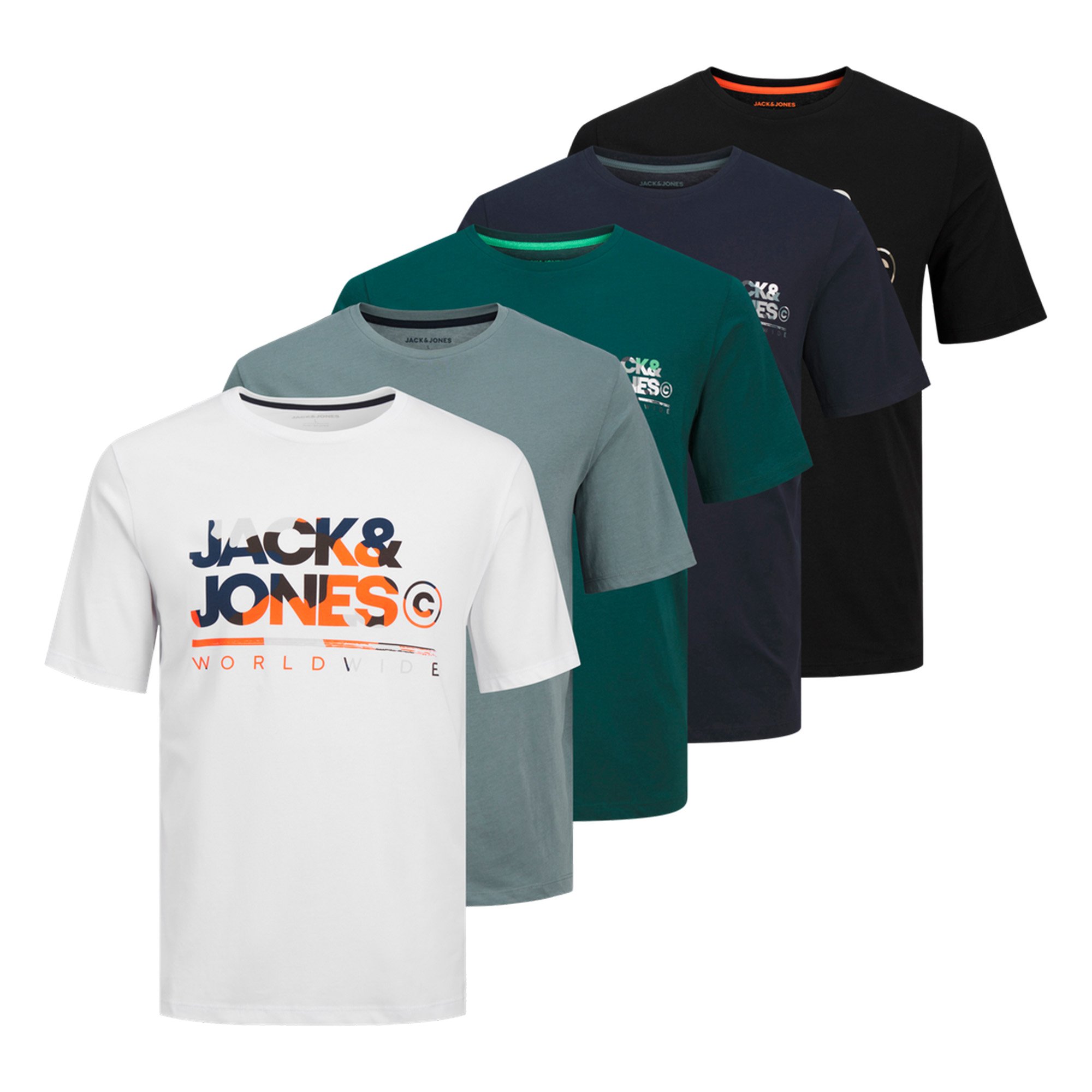 JACK&JONES camiseta hombre, pack de 5 - JJLUKE TEE 5PK, manga corta, cuello redondo, algodón JJLUKE TEE 5PK