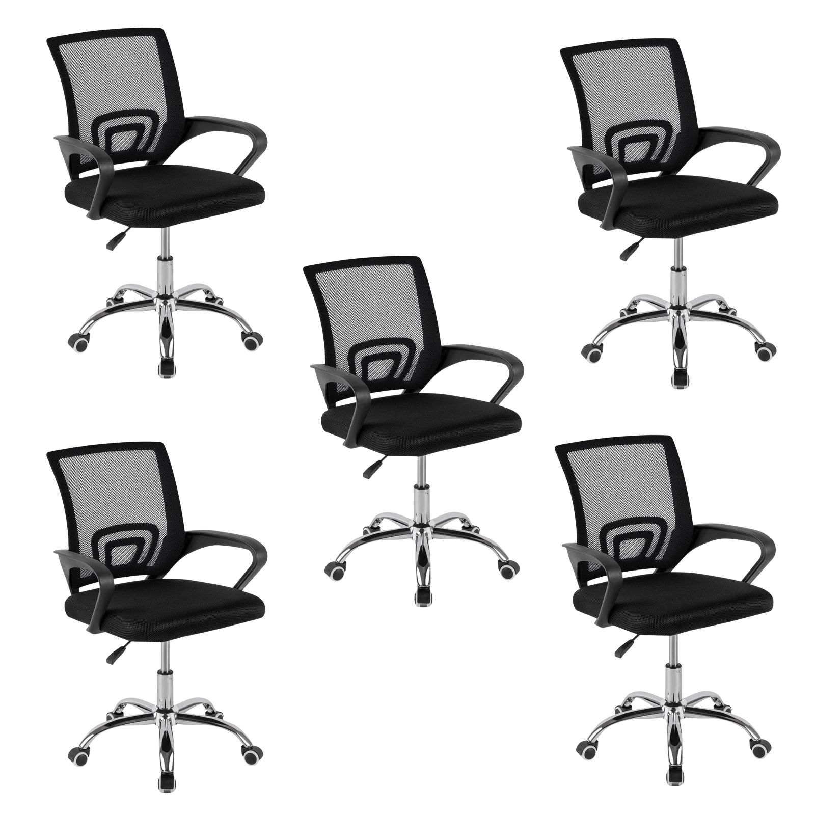 DASCK Pack 5 Sillas Oficina Ergonómica Negra - Malla Transpirable Base Giratoria Cromada 360°