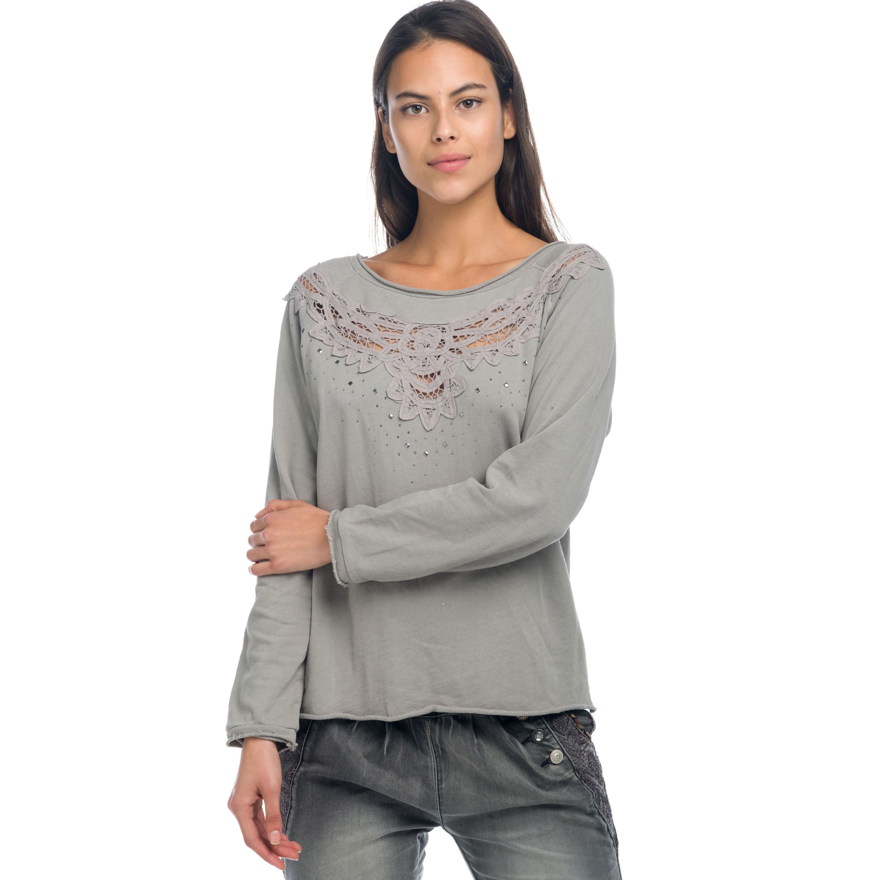 Koroshi - Sudadera mujer con encaje calado y tachuelas metálicas, 100% algodón, estilo rockero casual gris o menta