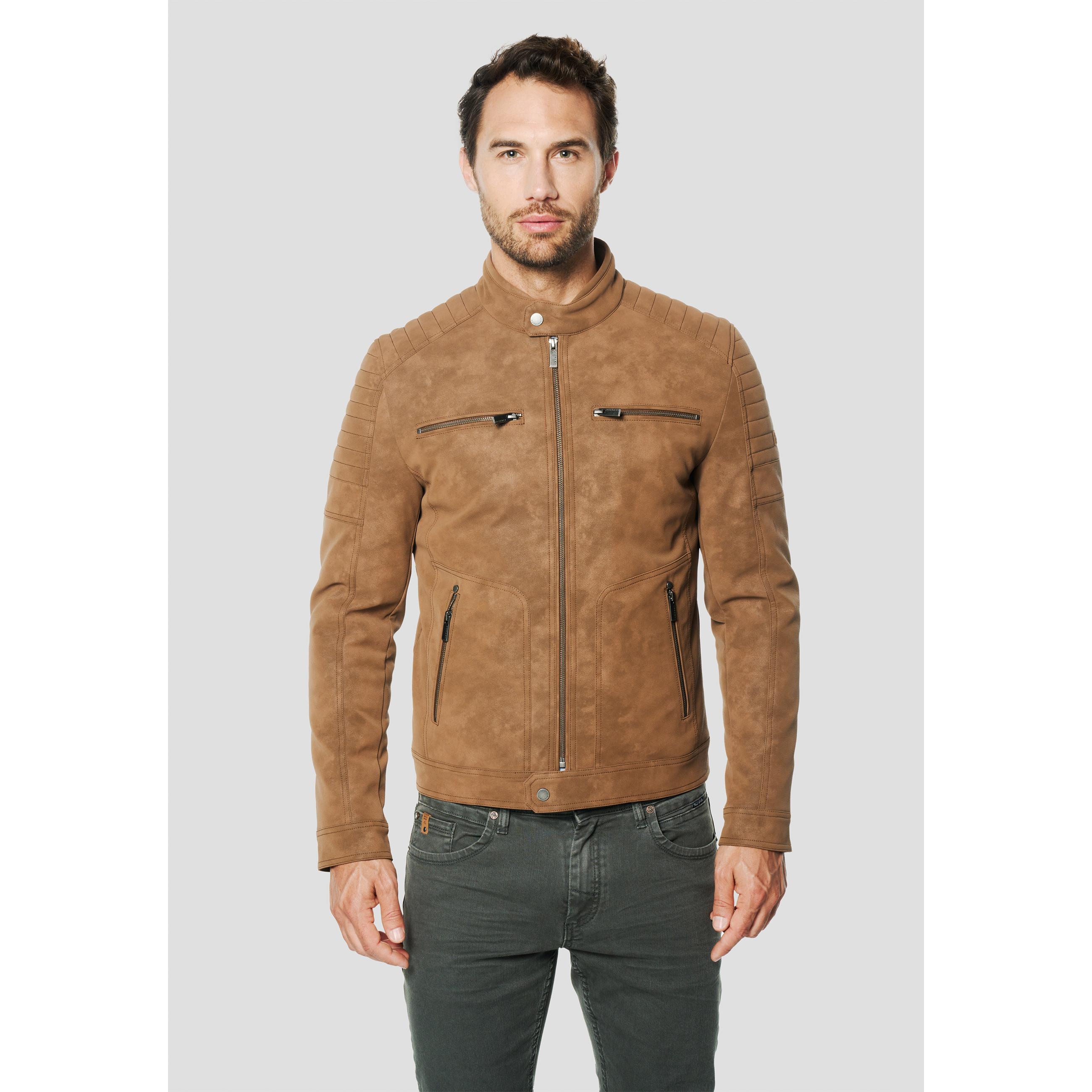 Koroshi - Chaqueta biker efecto ante para hombre, cuello mao y cremalleras envejecidas, gris perla o tostado