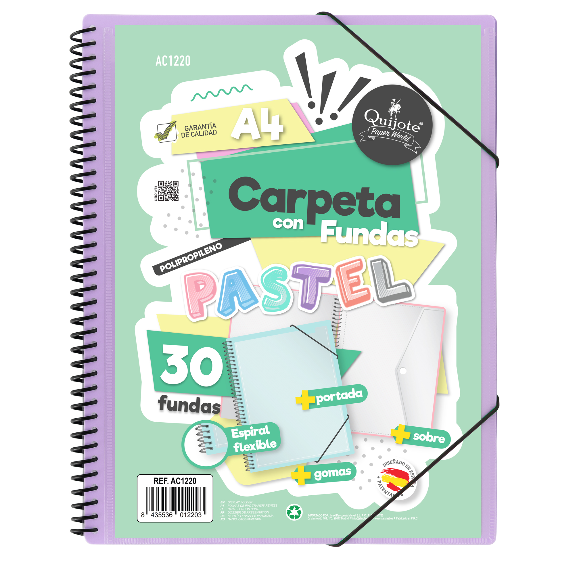Quijote Paper World Carpeta A4 30 Fundas y espiral flexible Colores Pastel Portada Intercambiable